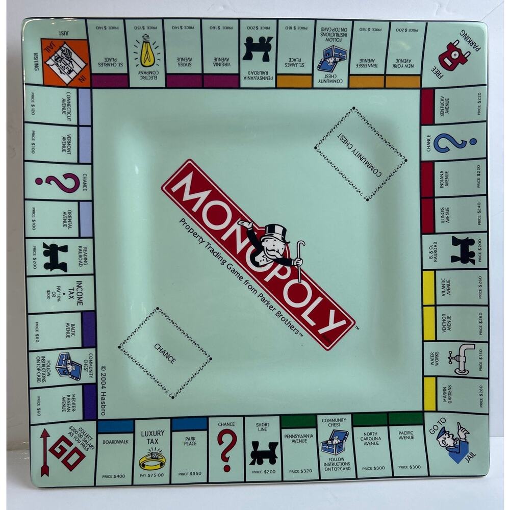 MONOPOLY BOARD GLASS PLATTER 12.5" Square LRG Plate GAME NIGHT